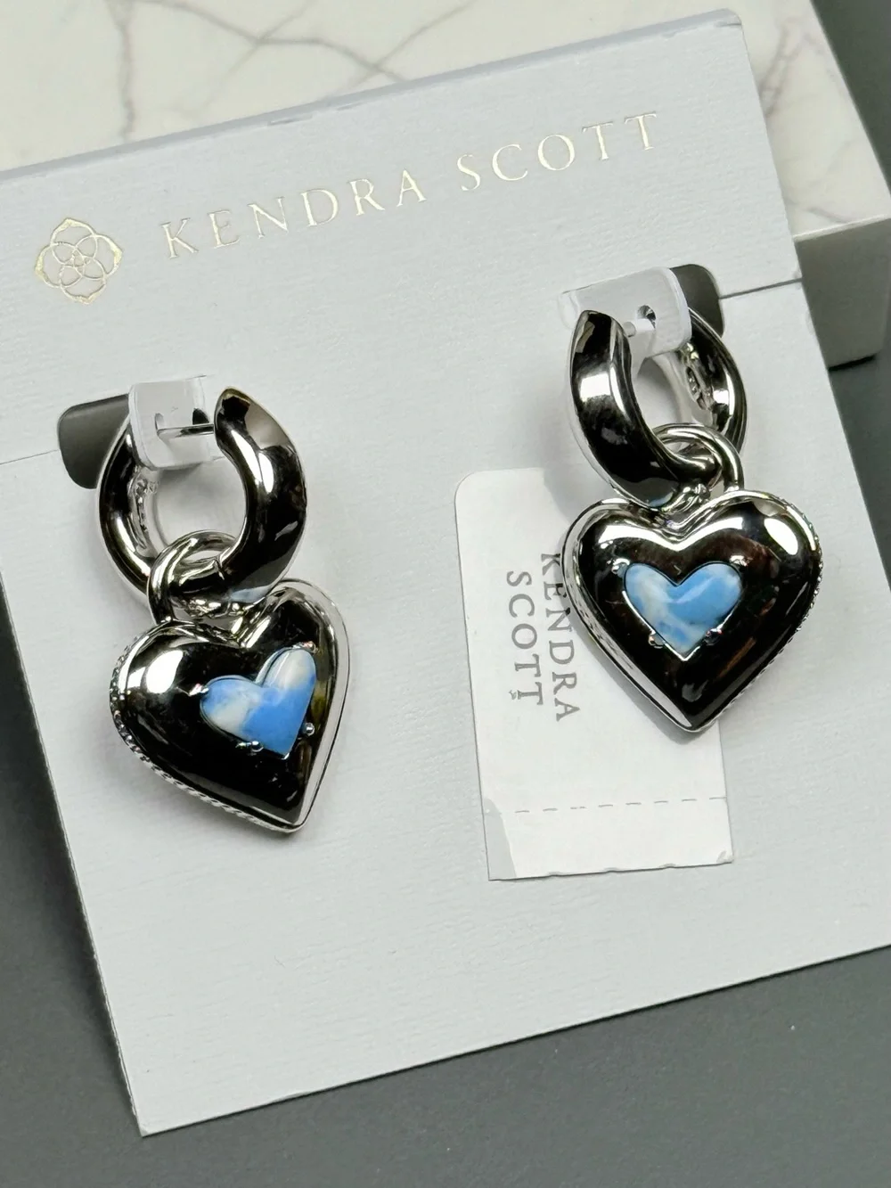 Kendra Scott Ari Silver Puffy Heart Huggies In Matte Sky Blue and White - Picture 2 of 3